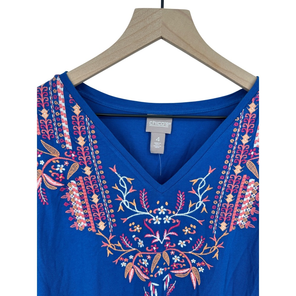 Chico's Top 4 XXL Blue Embroidered V-Neck Short Sleeve Boho Floral Casual NWT - Picture 4 of 11